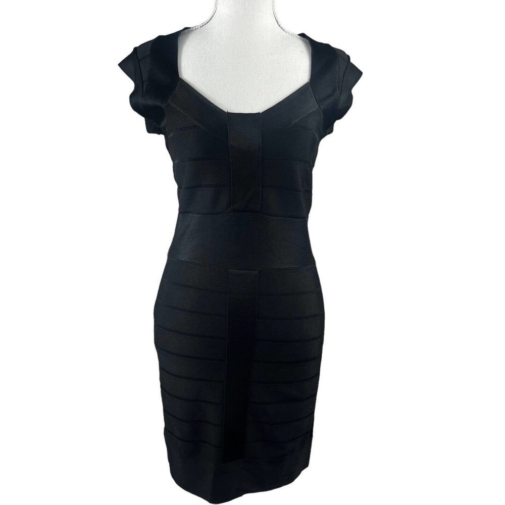 French Connection Black Knit Bandage Bodycon Dress Size 4 Cap Sleeve Y2K